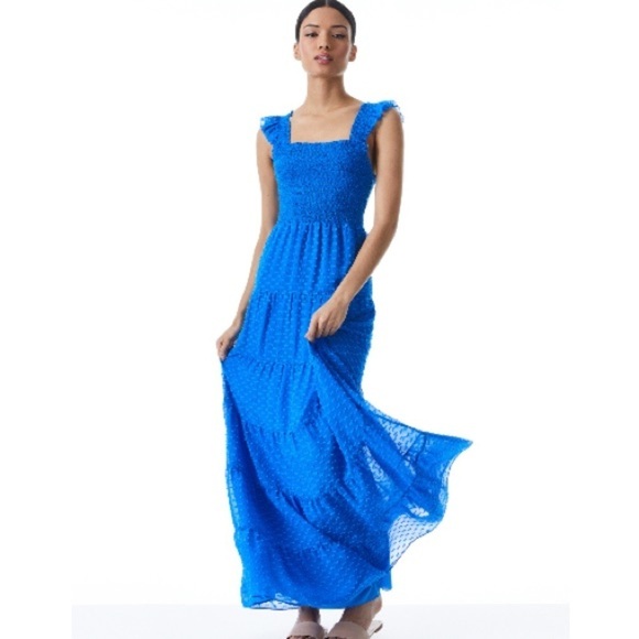 Alice+Olivia KIZZIE SMOCKED FLUTTER SLEEVE TIERED MAXI DRESS SZ 2 Blue Romantic - Picture 1 of 16